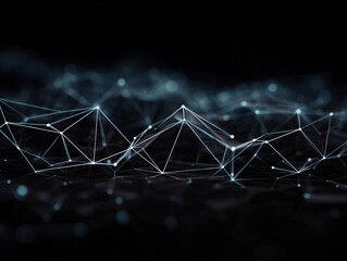 Dark abstract digital terrain formed from glowing white nodes and geometric lines, symbolizing data networks, intelligence, structure, complexity, and computational depth