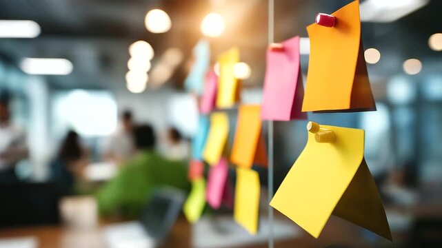 Kanban wall with colorful sticky notes and progress indicators faceless workspace view defocused collaborative office background agile project management team efficiency visual