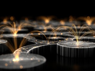 Golden data arcs connecting illuminated circular platforms in a dark digital landscape, symbolizing network flow, information exchange, system intelligence, and connectivity