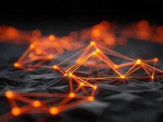 Glowing orange interconnected nodes forming a geometric network over a dark textured surface, illustrating digital linkage, data flow, and modern technological structure