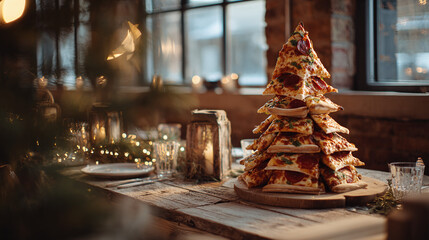 A festive tree designed from stacked pizza slices arranged into a triangular form, positioned neatly on the right side of a rustic wooden table