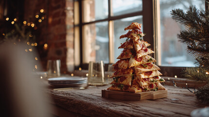 A festive tree designed from stacked pizza slices arranged into a triangular form, positioned neatly on the right side of a rustic wooden table