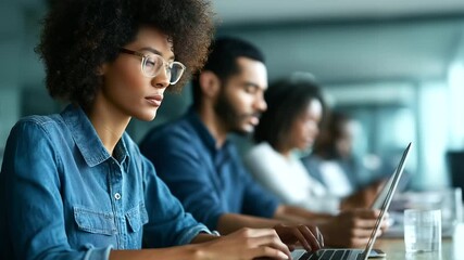 Faceless diverse team of managers using laptop and tablets at company meeting defocused modern office background discussing business projects motivated employees brainstorming - Powered by Adobe