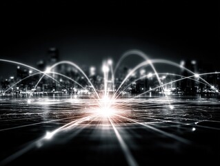 Bright central data burst emitting arcing light connections across a futuristic cityscape, symbolizing global networks, digital linkage, and high-speed information flow