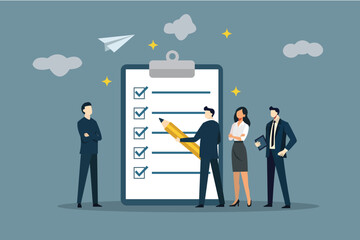 Business Team Managing Checklist on Giant Clipboard: Corporate Planning and Quality Control Concept