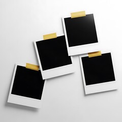 Four Blank Instant Photo Prints Taped to a White Surface empty black