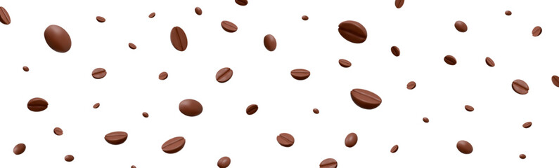 3d flying coffee beans background. Brown coffee beans for advertising and promotion of coffee products. Horizontal banner. Stock vector illustration on isolated background.