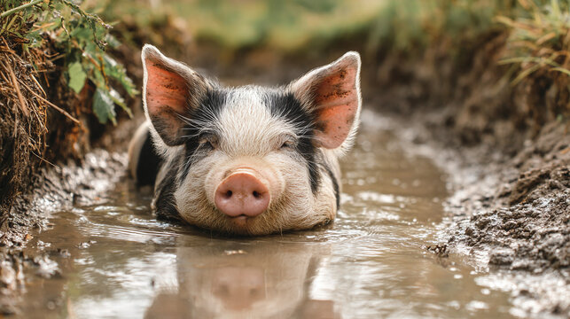 Charming pig relaxing in mud puddle outdoors. Happy farm animal enjoys refreshing bath. Funny swine with wet fur, dirty face, pink ears. Rural scene, farming concept