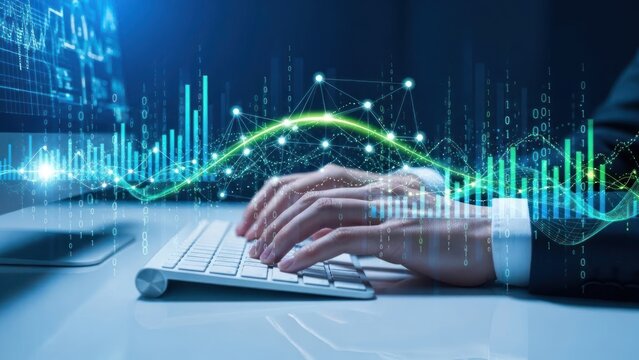 Hands typing on keyboard with digital data visualization overlay - Powered by Adobe