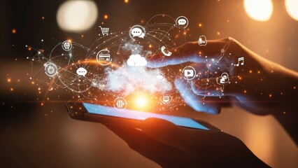 Hand interacting with smartphone displaying digital network icons