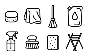 Set of household cleaning icons: sponge, cloth, mop, detergent, spray bottle, brush