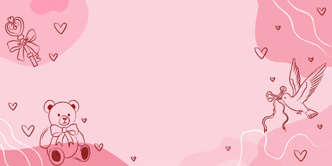 Hand drawn background coquette aesthetics elements. Vintage cute symbols with ribbon and bow in simple crayon style. Trendy art for Valentine's day background.