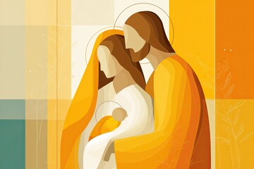 Stylized depiction of the Holy Family with halos, rendered in warm, abstract geometric shapes and colors
