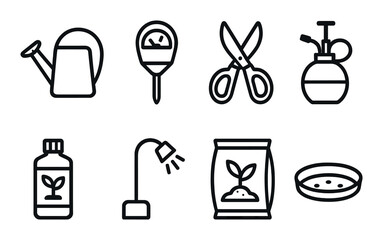Monochrome gardening tools icon set featuring watering can and soil meter