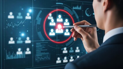 Businessman interacts with holographic interface showing user profiles and data.