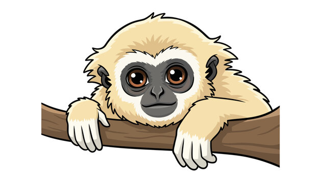 Cute Lar Gibbon Cartoon Character Peeking Over Tree Branch White Handed Gibbon Forest Wildlife Art