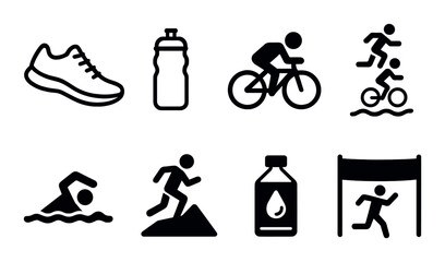Icon set illustrating triathlon activities and gear on black background