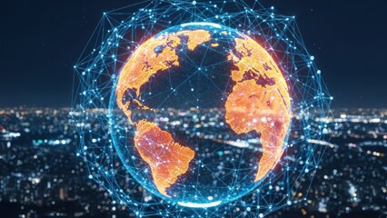 Glowing digital earth globe surrounded by a blue network structure.
