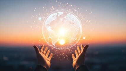 Hands reaching toward glowing digital globe against sunset sky