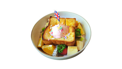 Honey toast on a plate with sweet fruits A delicious dessert with ice cream and toast on a white background.