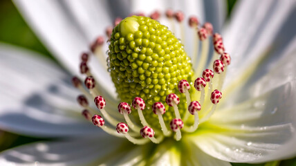 A macro photograph of a white flower's center, focusing on its reproductive structures