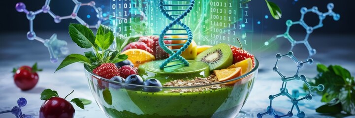 Fruit smoothie bowl with DNA helix and digital nutrition science interface
