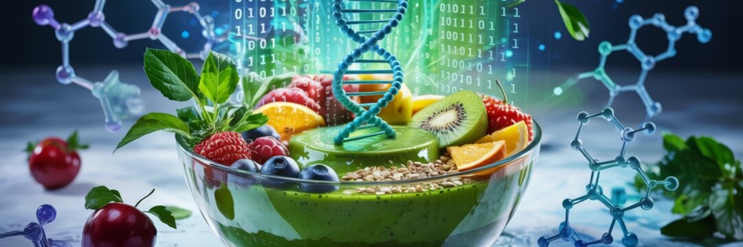 Fruit smoothie bowl with DNA helix and digital nutrition science interface
- Powered by Adobe