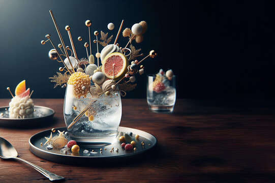 A fantasy on the theme of molecular cuisine. A fruit dessert with cake pop-style decoration. AI generated.
