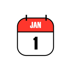 Red and white calendar icon showing January 1 in bold black font, symbolizing New Year&rsquo;s Day celebration and the beginning of a fresh calendar year worldwide