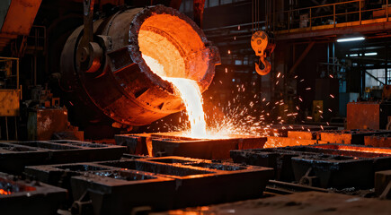Molten metal pours from a large furnace into a mold in an intense industrial foundry scene