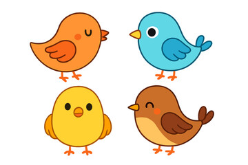Four adorable colorful cartoon birds and baby chick characters isolated on white background