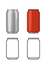 Realistic and outline aluminum beverage can mockups template set in silver and red colors