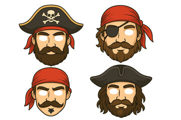 Cartoon pirate heads set with facial hair, eye patches, and buccaneer headwear