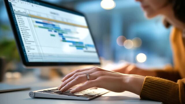 Faceless woman's hands using Gantt chart for project management on screen defocused office workspace background timeline planning visualization project scheduling professional