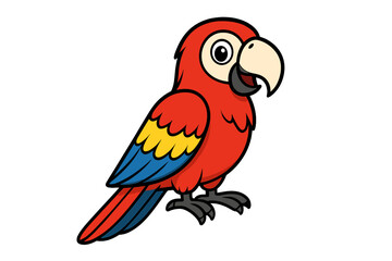 Adorable tropical macaw bird character standing with bright red, blue, and yellow feathers