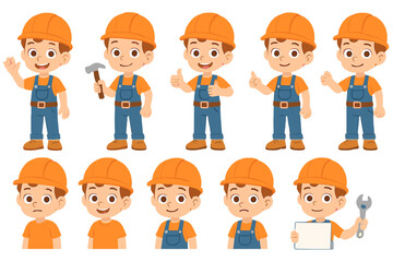 Cute cartoon boy construction worker in various poses and emotional expressions