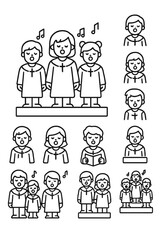 Simple line art icons of people singing in a religious choir or musical performance group