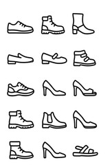 Outline style footwear including casual shoes, hiking boots, high heels, and sandals