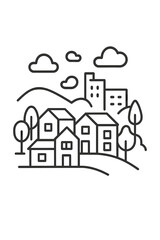 Naklejka premium Minimalist small town landscape with residential houses and city buildings on rolling hills