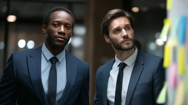 Faceless serious African American businessmen managing project tasks on sticky notes defocused office wall background collaborative planning session professional organization