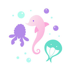 Jellyfish, octopus, and seahorses in dreamy colors