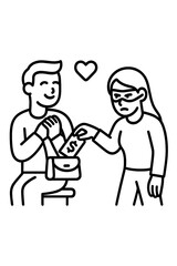 Smiling man being robbed by masked woman taking cash from his purse in relationship scam