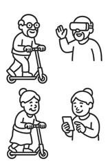 Modern senior citizens enjoying technology and active lifestyles with scooters, virtual reality, and mobile devices