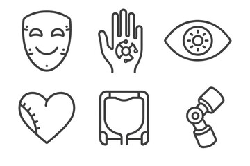 Obraz premium Soulful Robotics Icons. Line style icons of Soulful Robotics: smiling metal mask, hand with warm circuit, eye with light core,