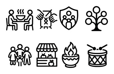 Family and cultural traditions icons set with food, shield, community, and drums