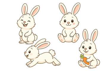 Set of adorable white rabbit characters in various poses including sitting and running