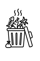 Open trash can overflowing with rotting garbage and emitting foul odor steam