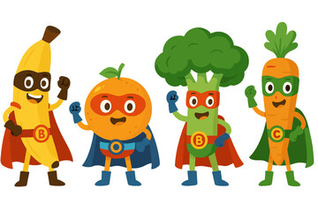 Group of cute cartoon fruits and vegetables dressed as superheroes standing together