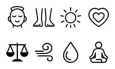 Mindfulness icons set: meditation, sun, heart, balance, wind, water, feet, relaxation