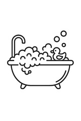 Bathtub overflowing with foam and bubbles featuring a floating rubber duck toy